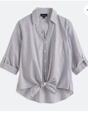 Fortune & Ivy Navy and White Striped Button-Front Tie Hem Shirt